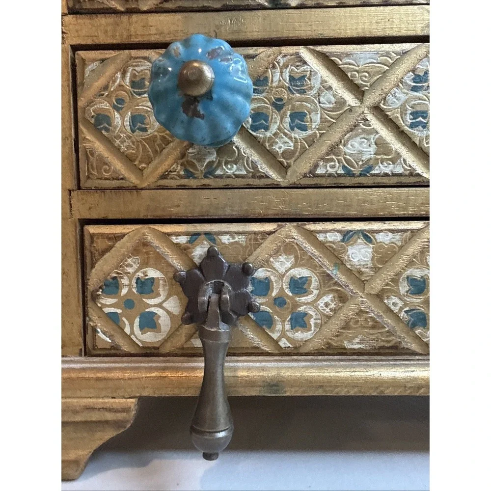VTG Florentine Style Wooden Jewelry chest 4 Drawer Design Estate Ceramic Knobs